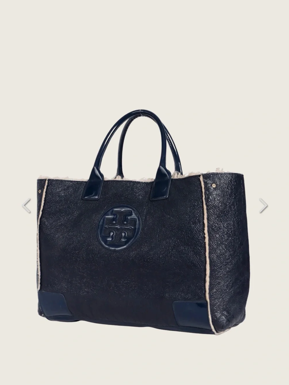Tory Burch Black Patent Leather & Shearling Large Tote Bag
